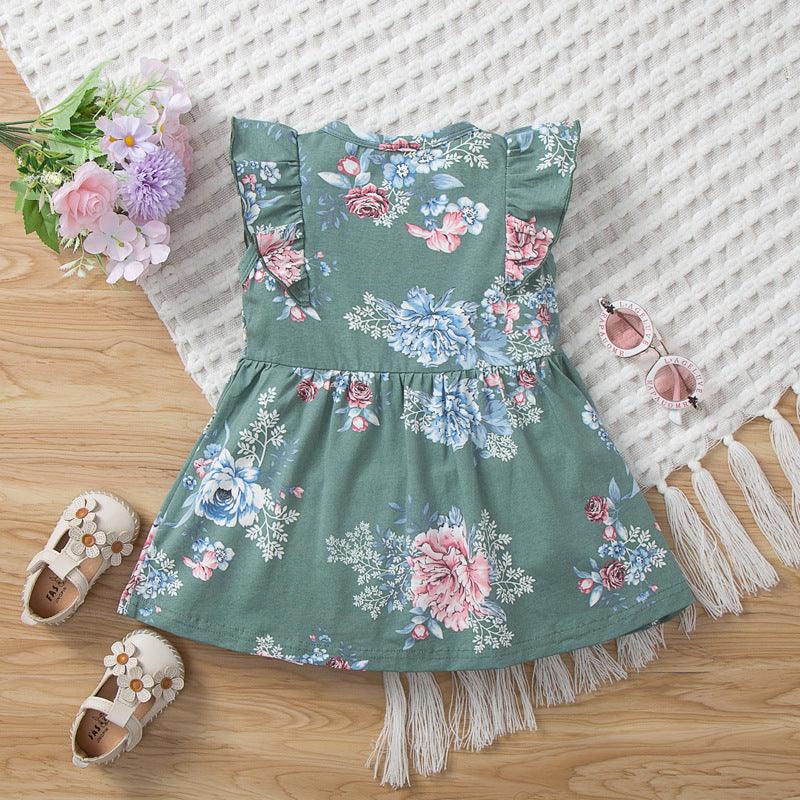 6months-3years Baby Girl Casual Dresses Sleeveless Printed Round Neck Fungus Trim Wholesale Baby Clothes In Bulk