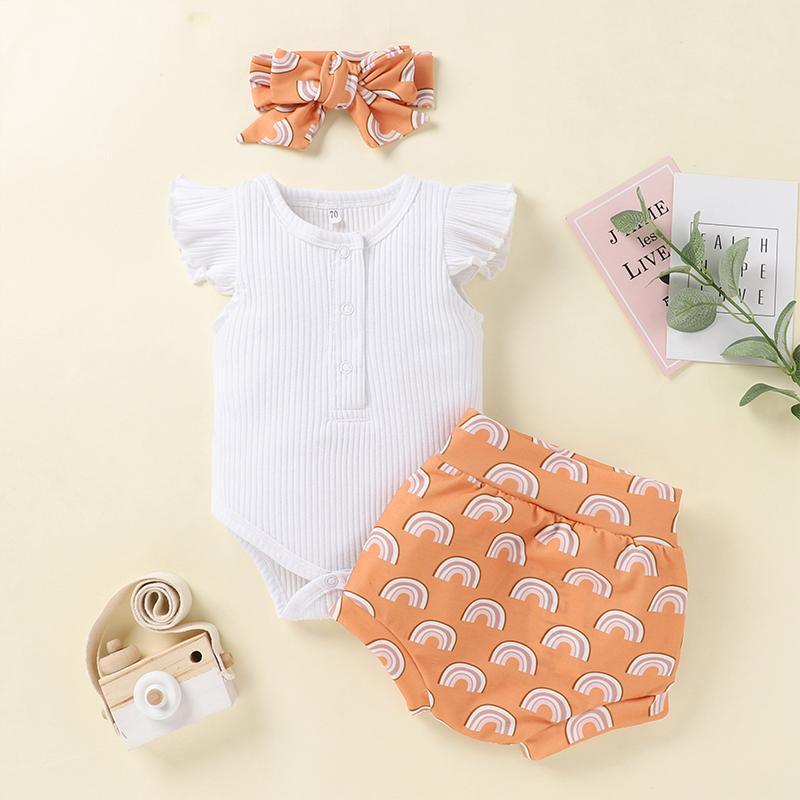 Baby Girl Ruffle Romper & Rainbow Print Shorts & Bowknot Headband