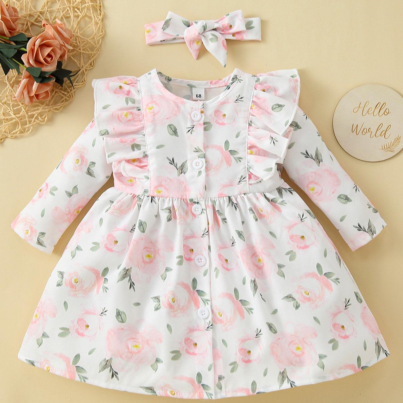 Baby Girl Long-Sleeved Floral Print Dress And Headband Baby Summer Dress Girl