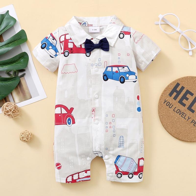 Baby Boy Bow Tie Decor Cartoon Car Print Jumpsuit