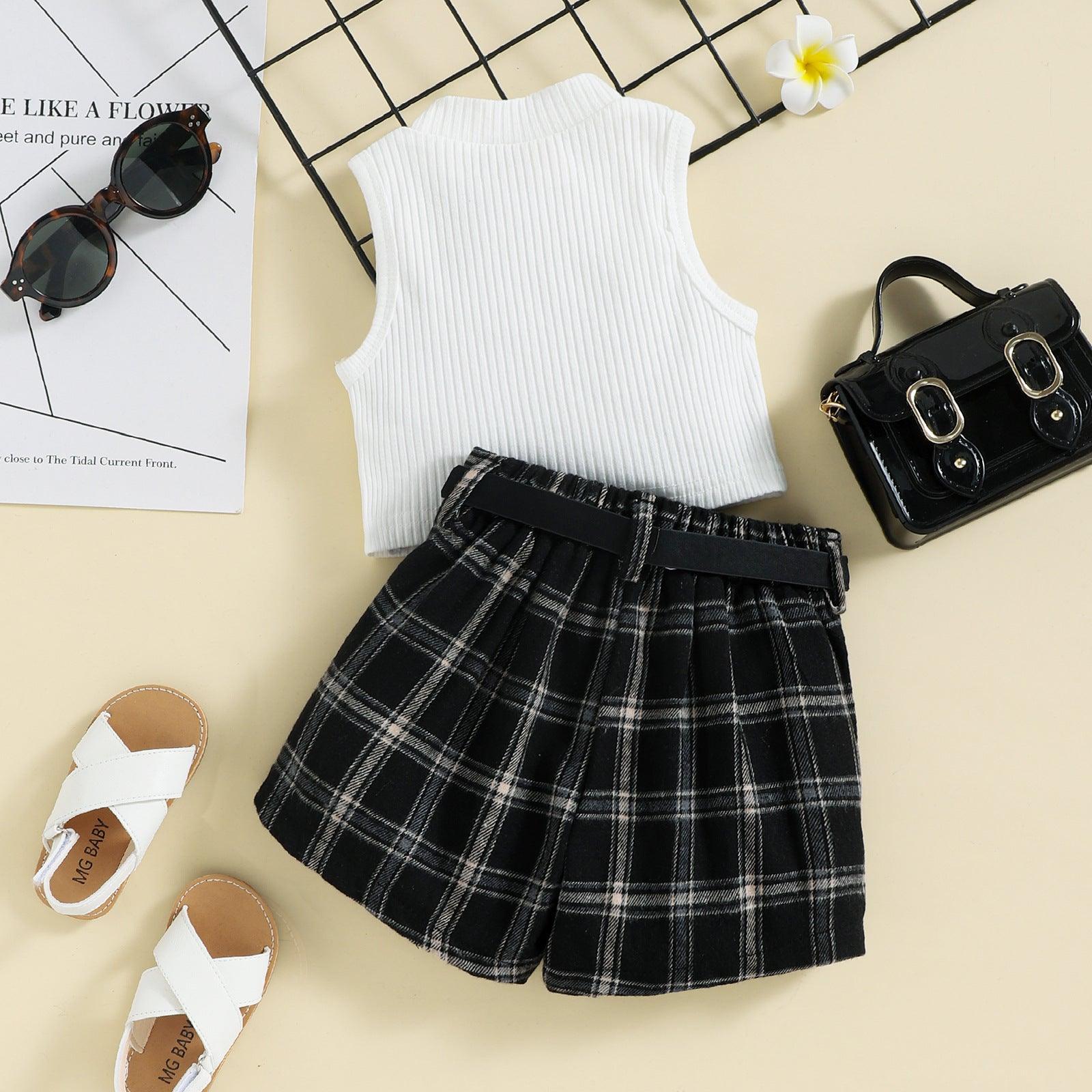 18M-6Y Toddler Girls Outfits Sets Ribbed Sleeveless Top & Plaid Shorts Wholesale Girls Clothes