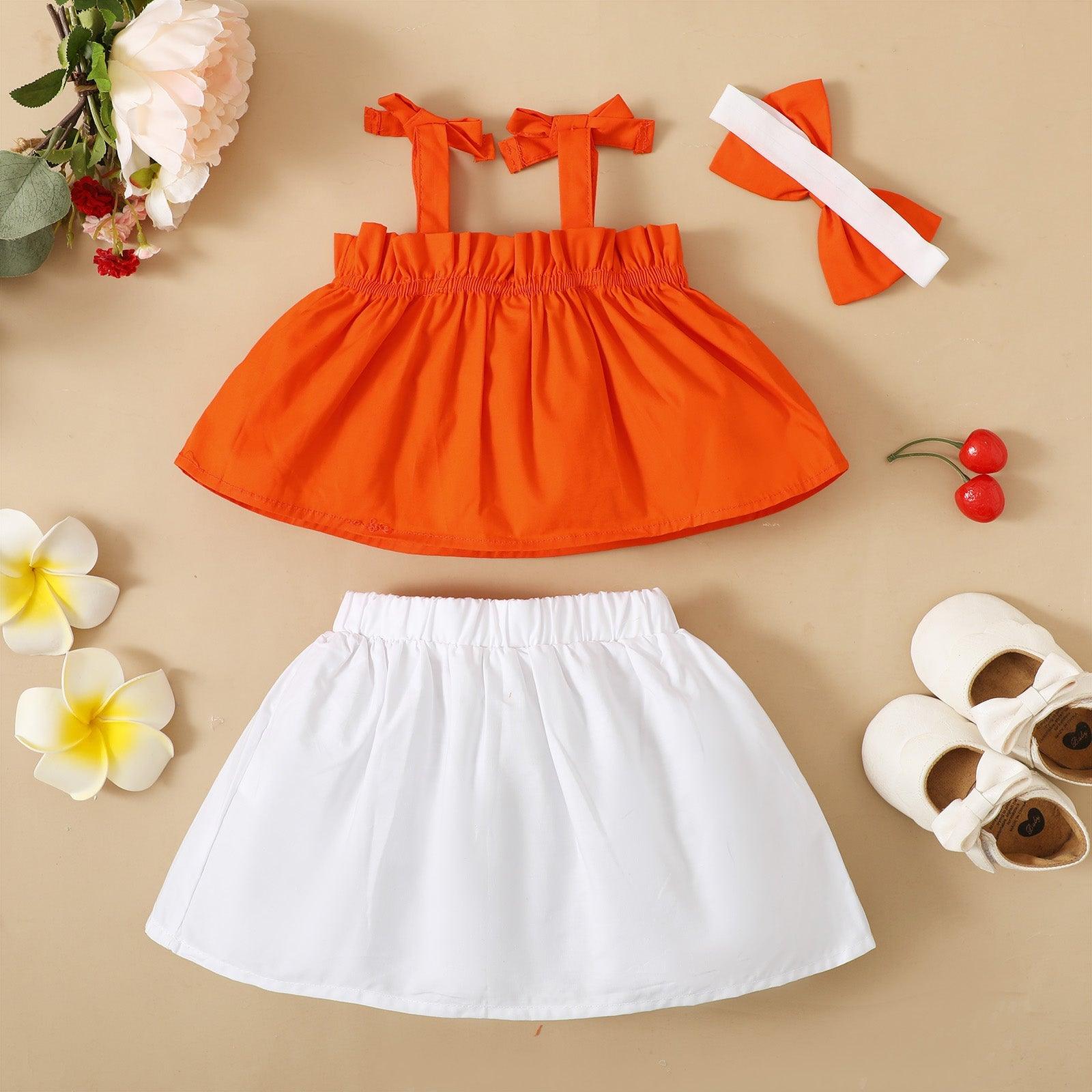 9M-4Y No Pattern Sling Tie Bow Panel Short Skirt Set Headband Wholesale Baby Clothes