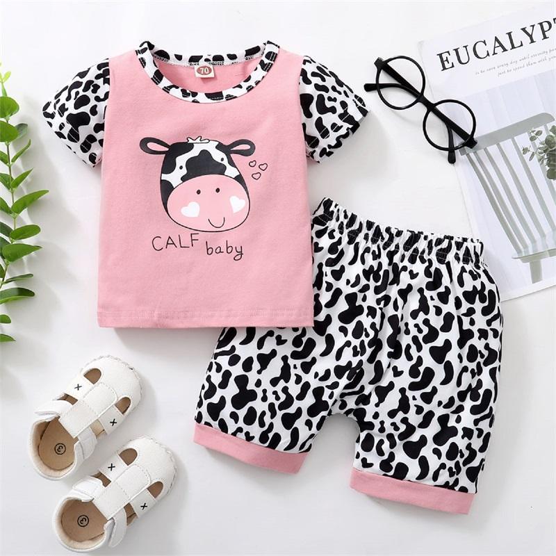 Baby Girl Cartoon Cow Pattern T-shirt & Cow Pattern Print Shorts