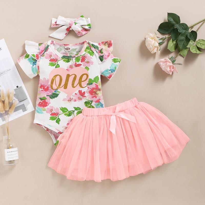 3-piece Floral Printed Bodysuit & Skirt & Headband for Baby Girl Children's Clothing