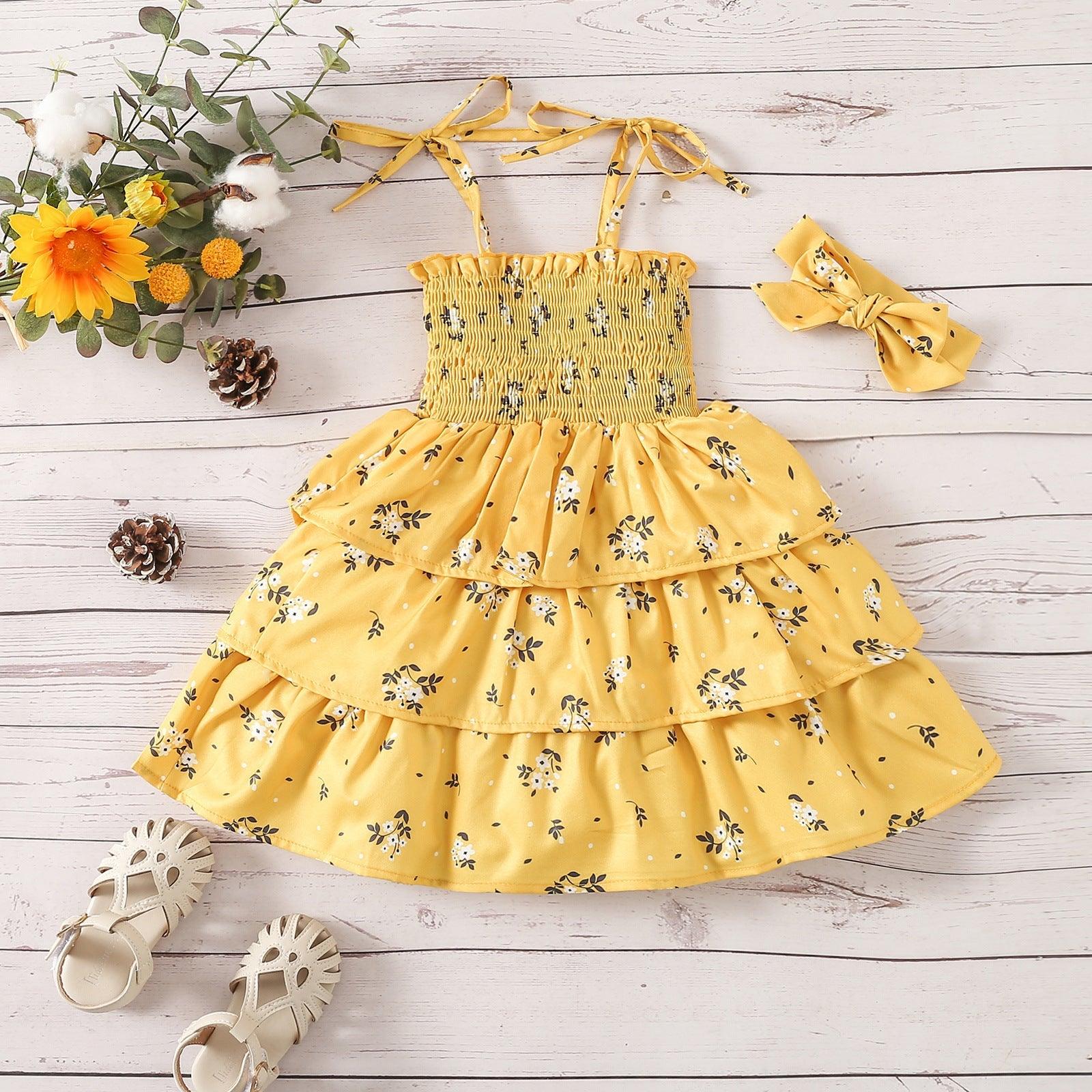 9months-5years Toddler Girl Dresses Children's Clothing Two-Piece Set Girls New Floral Suspender Dress & Headband