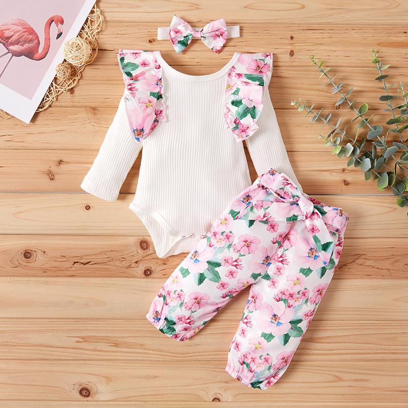 3-piece Floral Printed Ruffle Bodysuit with Headband & Pants for Baby Girl Wholesale children's clothing