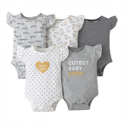 5PCs Set Jumpsuit Baby Boys Girls Short Sleeve Mixed Color Printing Triangle Jumpsuit Creeper 5