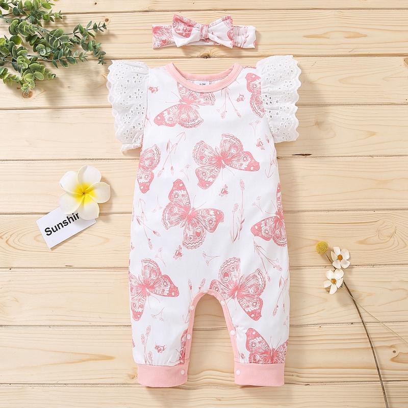 Baby Girl Butterfly Pattern Jumpsuit & Headband Children's Clothing