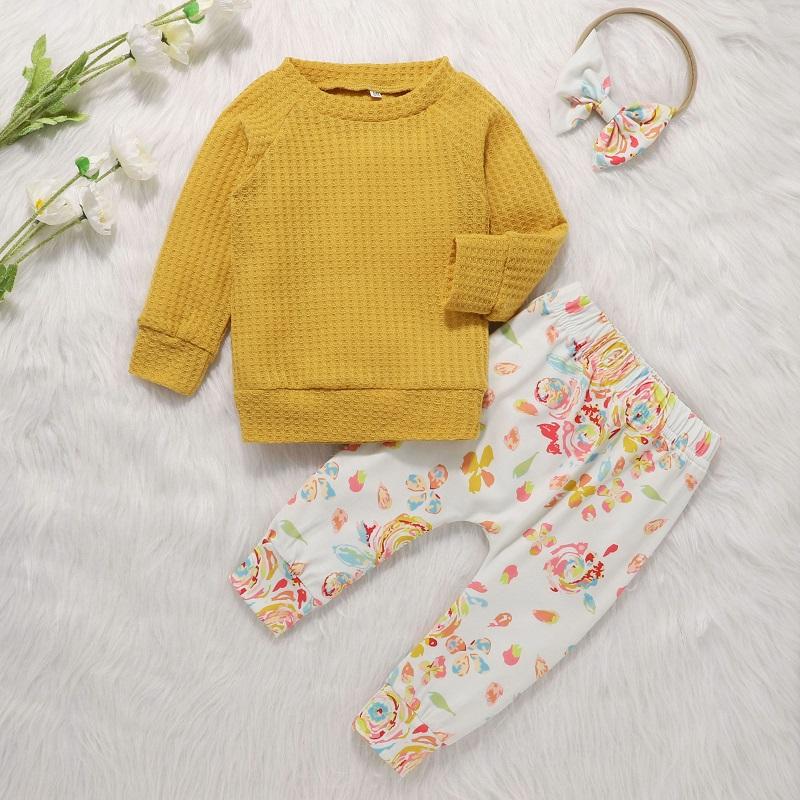 best children's wholesale clothing Toddler Girl Solid Color Sweater & Floral Print Pants & Headband - PrettyKid