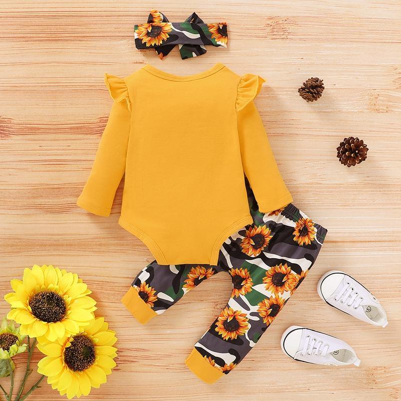 3-piece Letter Ruffled Bodysuit, Camouflage Floral Pants with Headband Wholesale children's clothing