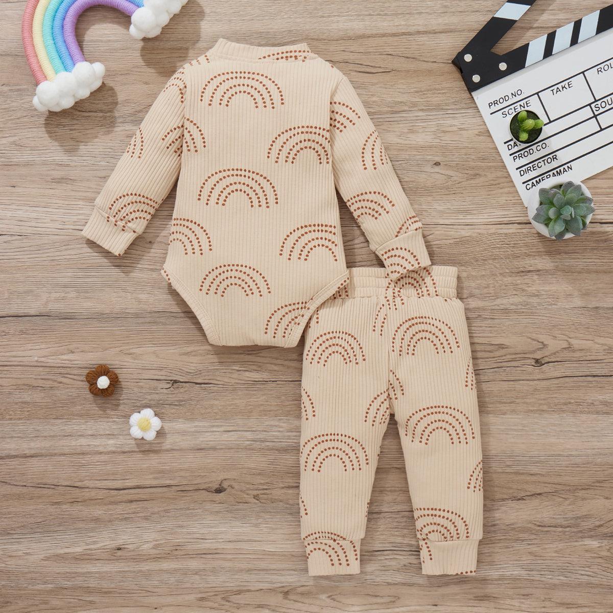 Baby Boy Rainbow Print Ribbed Bodysuit And Pants Two Piece Baby Sets