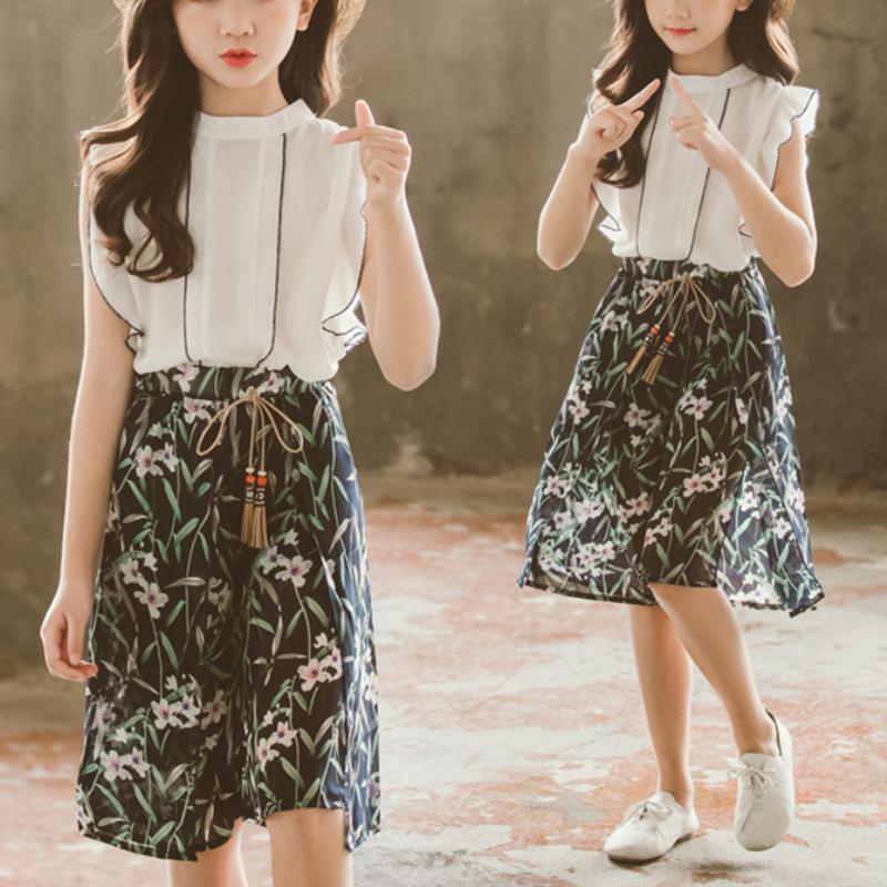 2-piece Ruffle Sleeveless Shirt & Floral Knee Length Pants for Girl