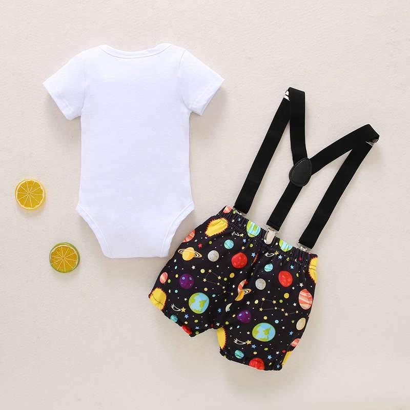 Baby Boy Bow Tie Decor Number Pattern Bodysuit & Galaxy Print Overalls