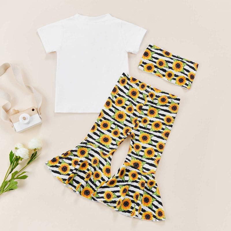 18m-6Y Toddler Girls Sets T-Shirts & Sunflower Print Bell Bottom Pants Wholesale Little Girl Clothing