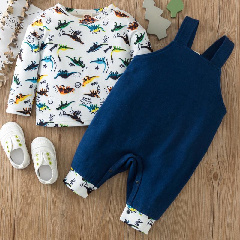 2-piece Dinosaur Pattern Long Sleeve T-shirt & Bib Pants for Baby