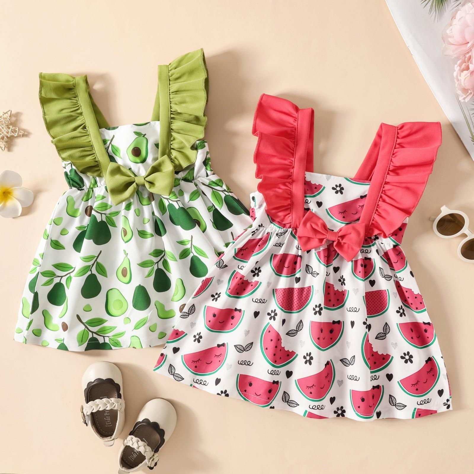 9M-4Y Little Girls Avocado Watermelon Print Ruffle Trim Dresses Wholesale Girls Fashion Clothes