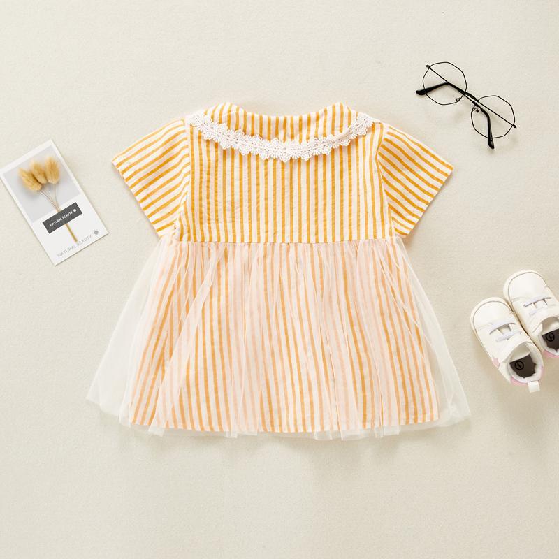 Baby Girl Color Stripes Lace Collar Mesh Hem Dress