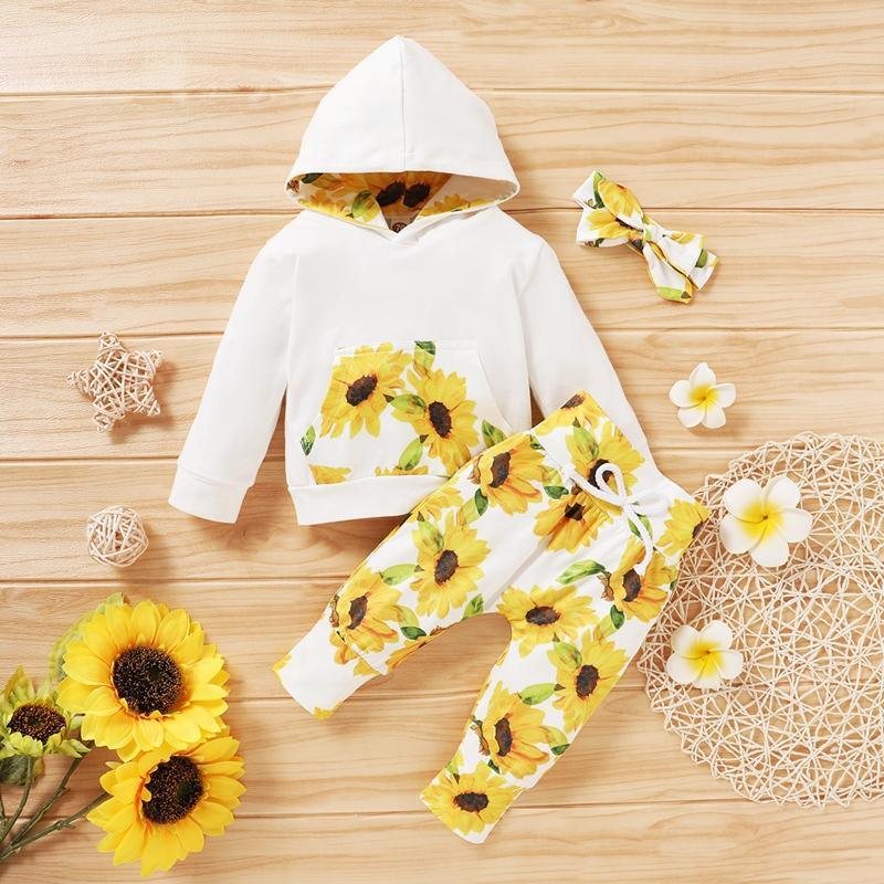 3-piece Sunflower Pattern Hoodie & Pants & Headband for Baby Girl