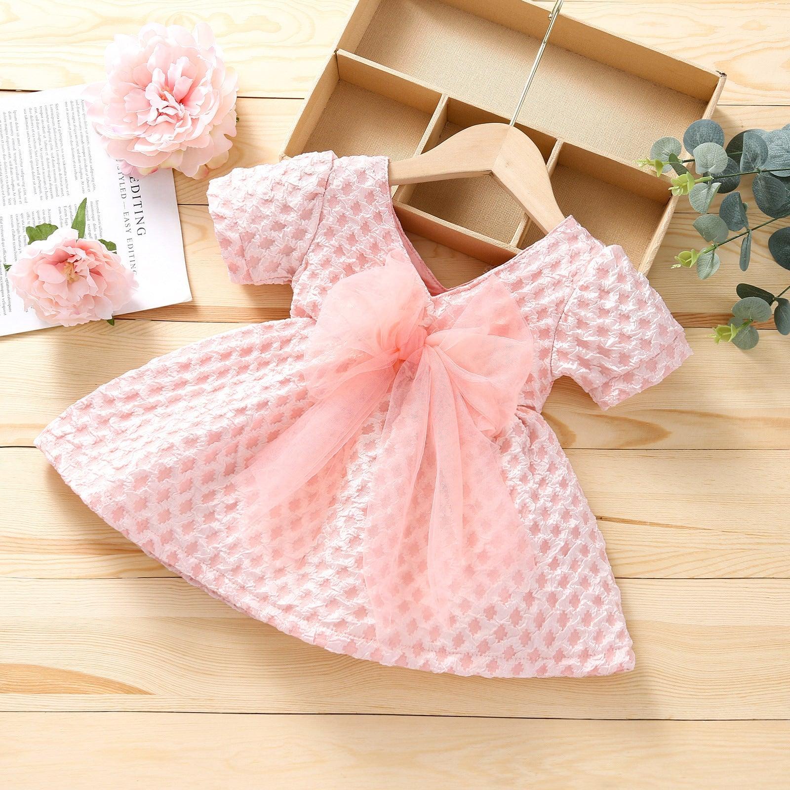 6months-4years Baby Girl Party Dresses V-Neck Solid Color Mesh Bow Short Sleeves Wholesale Baby Clothes In Bulk