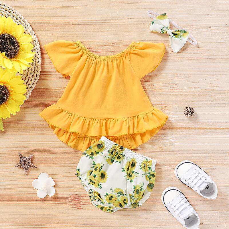 3-piece Romper & Floral Headband & Floral Shorts for Baby Girl