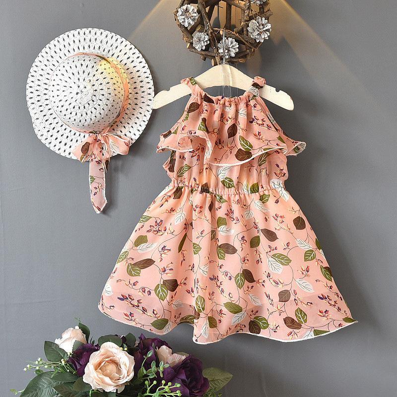 2-piece Floral Printed Dress & Sun Hat for Toddler Girl Wholesale children's clothing