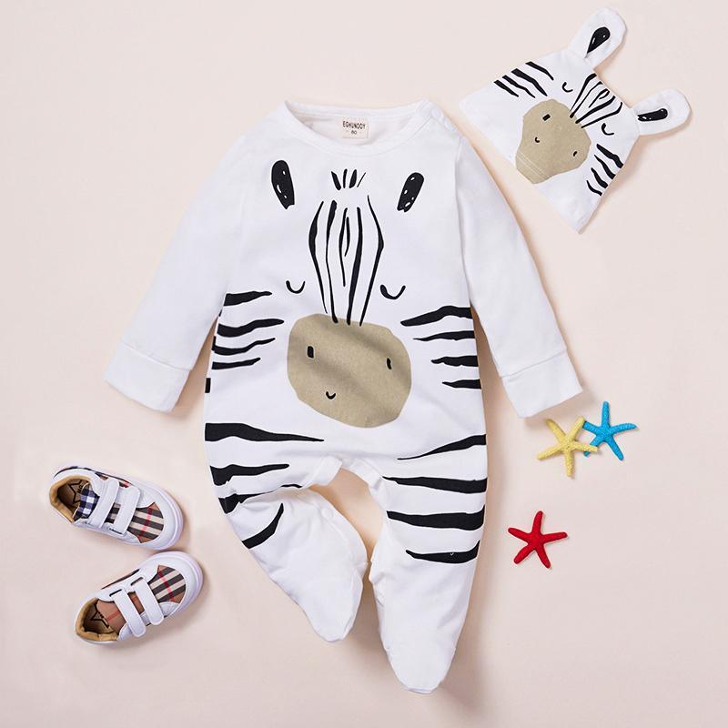 2-piece Cute Cartoon Zebra Printed Long-sleeved Jumpsuit and Hat Set for Baby Wholesale children's clothing