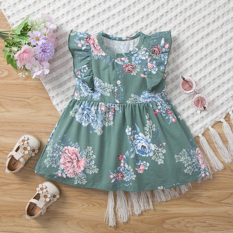 6months-3years Baby Girl Casual Dresses Sleeveless Printed Round Neck Fungus Trim Wholesale Baby Clothes In Bulk