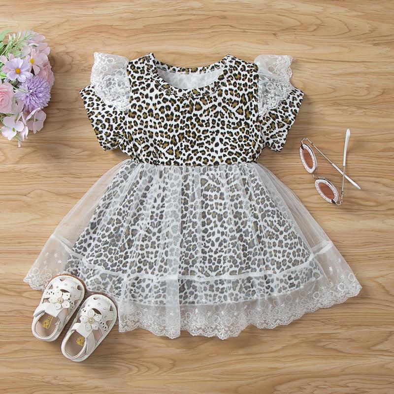 6months-3years Baby Girl Casual Dresses Cute Leopard Print Lace Stitching Short Sleeves Wholesale Baby Clothes In Bulk