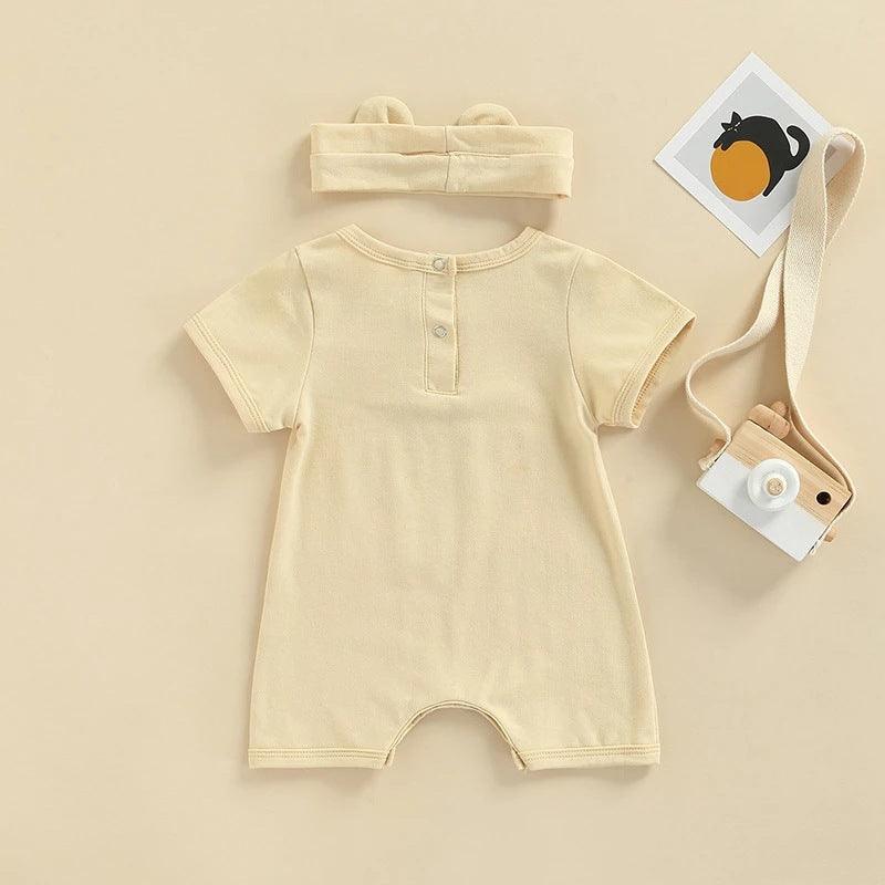 Baby Bear Print Bodysuit And Headband Baby One Piece Jumpsuit