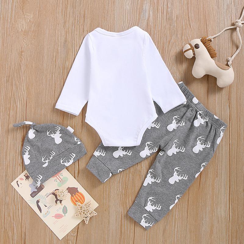 3-piece Letter Long-sleeve Bodysuit, Deer Printed Pants with Hat