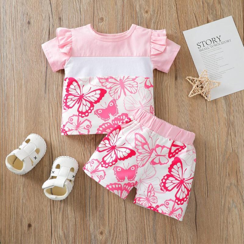 Baby Girl Butterfly Pattern Color-block T-shirt & Shorts