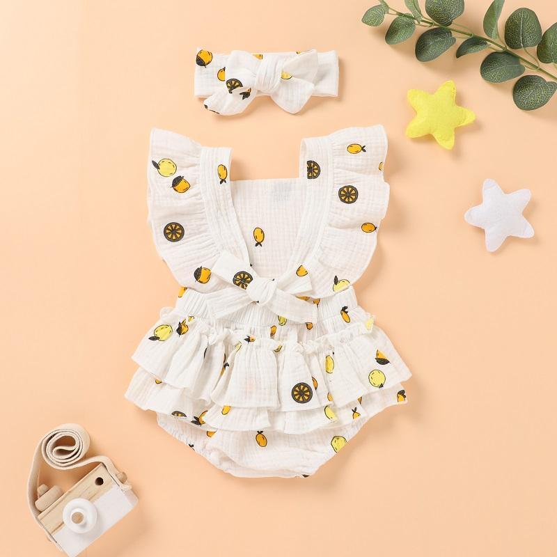 Baby Girl Lemon Print Ruffle Armhole Bodysuit & Headband Children's Clothing