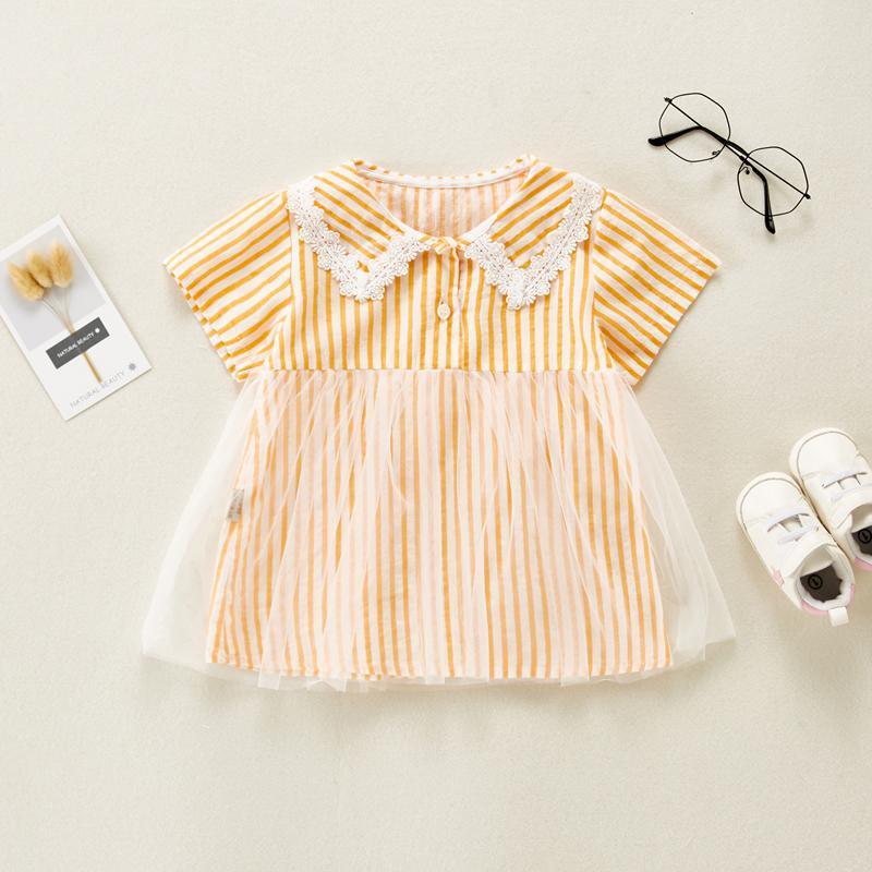 Baby Girl Color Stripes Lace Collar Mesh Hem Dress