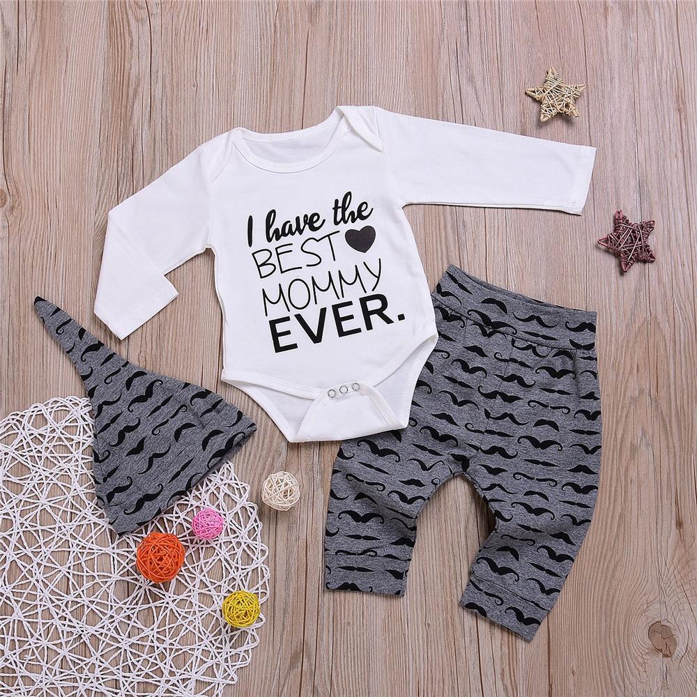 Baby Boys Letter Printed Long Sleeve Romper & Pants & Hat