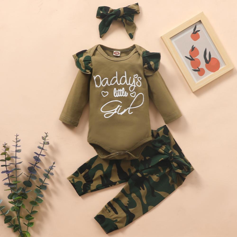 Baby Daddy's Little Girl Camo Long Sleeve Romper & Pants & Headband Baby Outfits