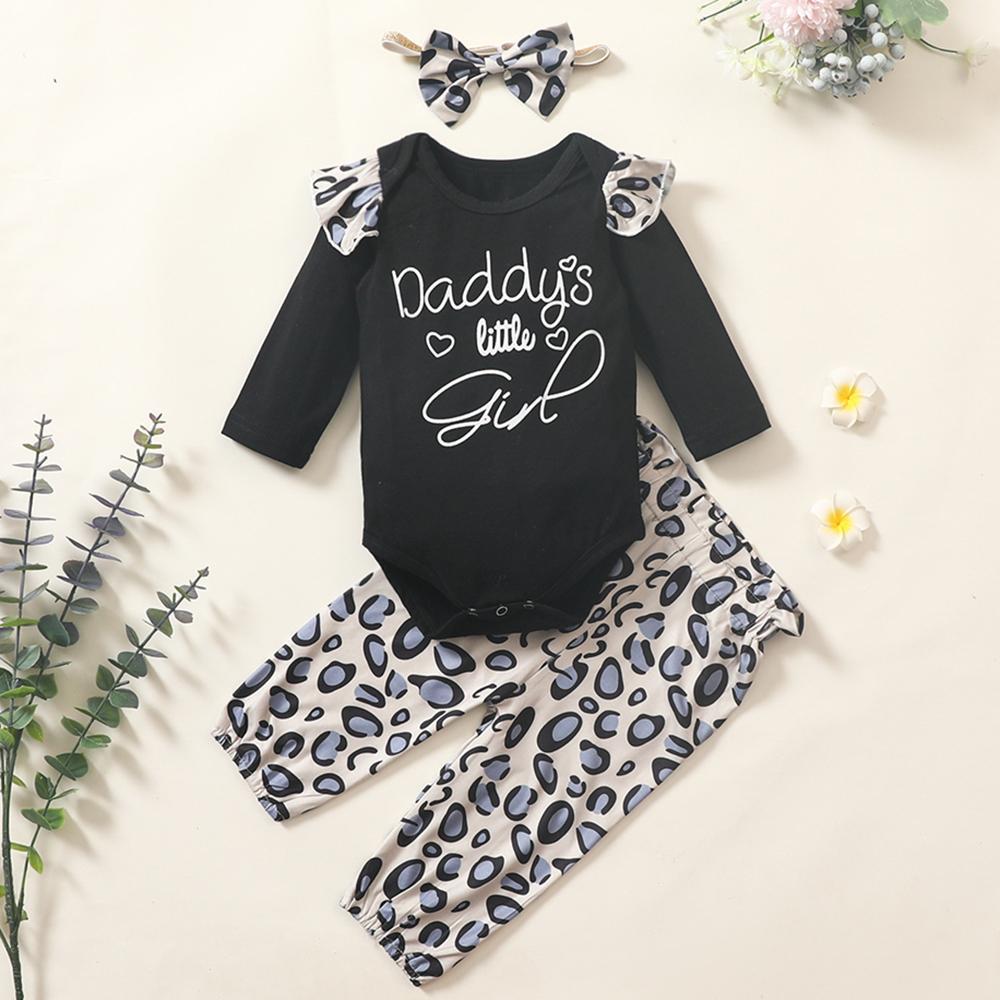 Baby Girl Leopard Letter Printed Ruffled Romper & Pants Cheap Baby Clothes In Bulk