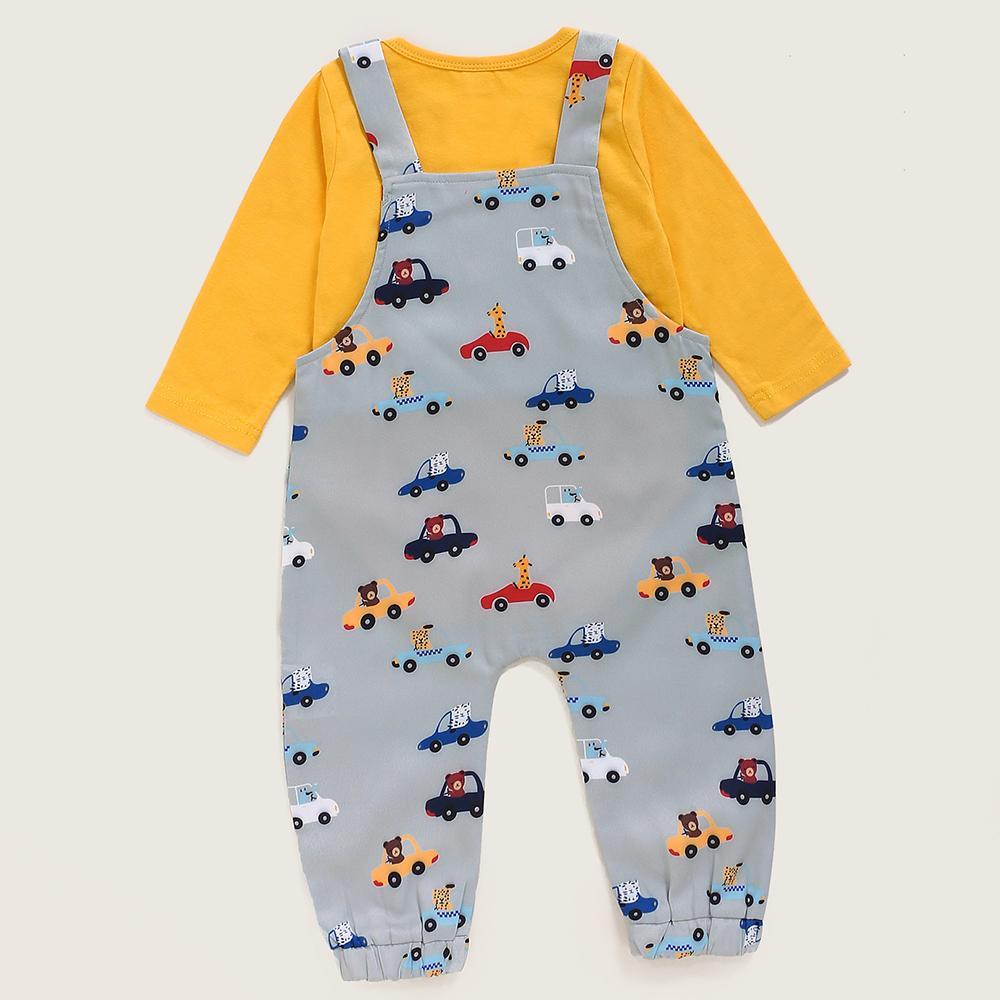 Baby Boys Casual Long-sleeve Romper & Cartoon Car Printed Overalls Baby Wholesale Clothes