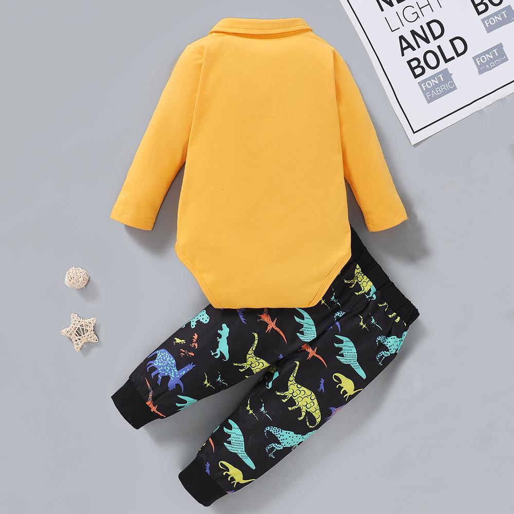 Baby Boys Yellow Long Sleeve Lapel Romper & Cartoon Printed Pants Baby Wholesale