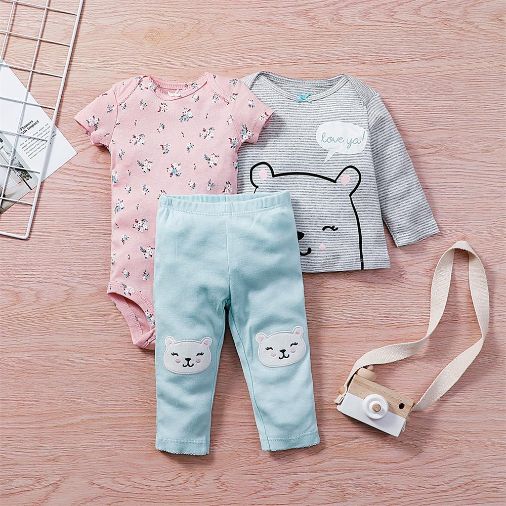 Baby Girls Cartoon 3PCS Short Sleeve Romper & Long Sleeve Top & Pants Babywear Wholesale