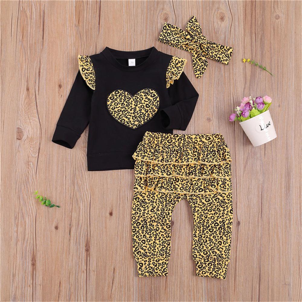 Baby Girl Heart Leopard Ruffled Long Sleeve Tee & Pants &Headband Wholesale Baby Boutique Items