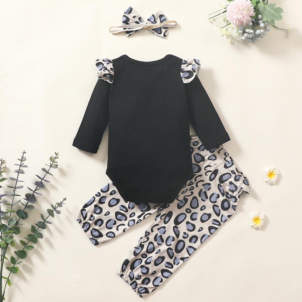 Baby Girl Leopard Letter Printed Ruffled Romper & Pants Cheap Baby Clothes In Bulk