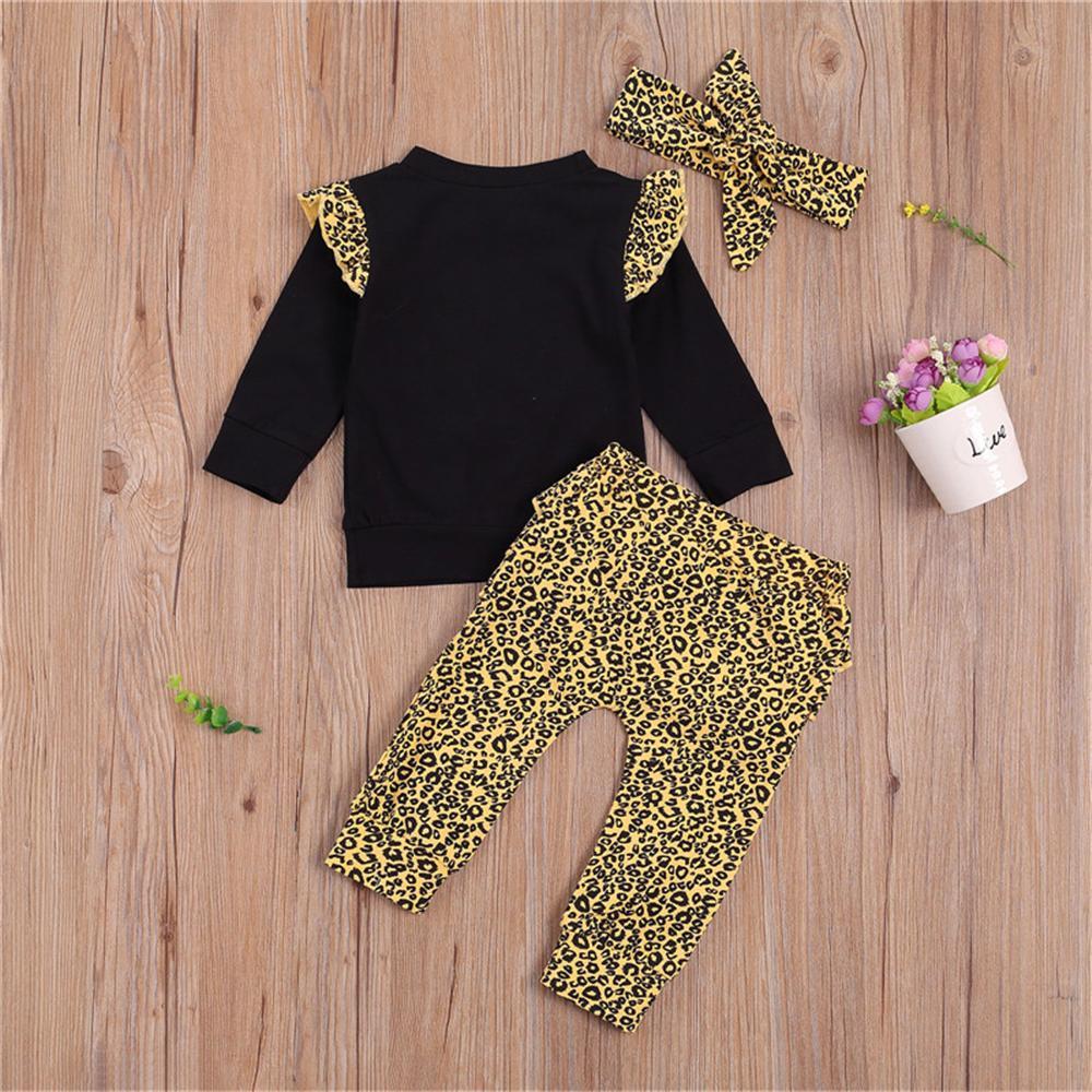 Baby Girl Heart Leopard Ruffled Long Sleeve Tee & Pants &Headband Wholesale Baby Boutique Items