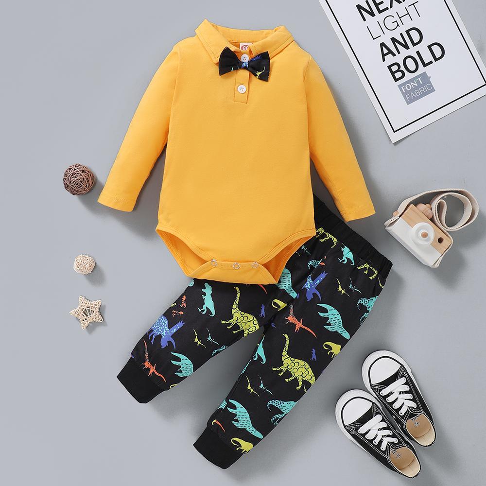 Baby Boys Yellow Long Sleeve Lapel Romper & Cartoon Printed Pants Baby Wholesale