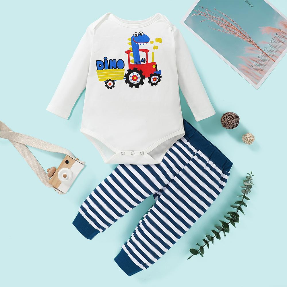 Baby Boys Cartoon Long Sleeve Romper & Striped Pants Baby Wholesale Clothing