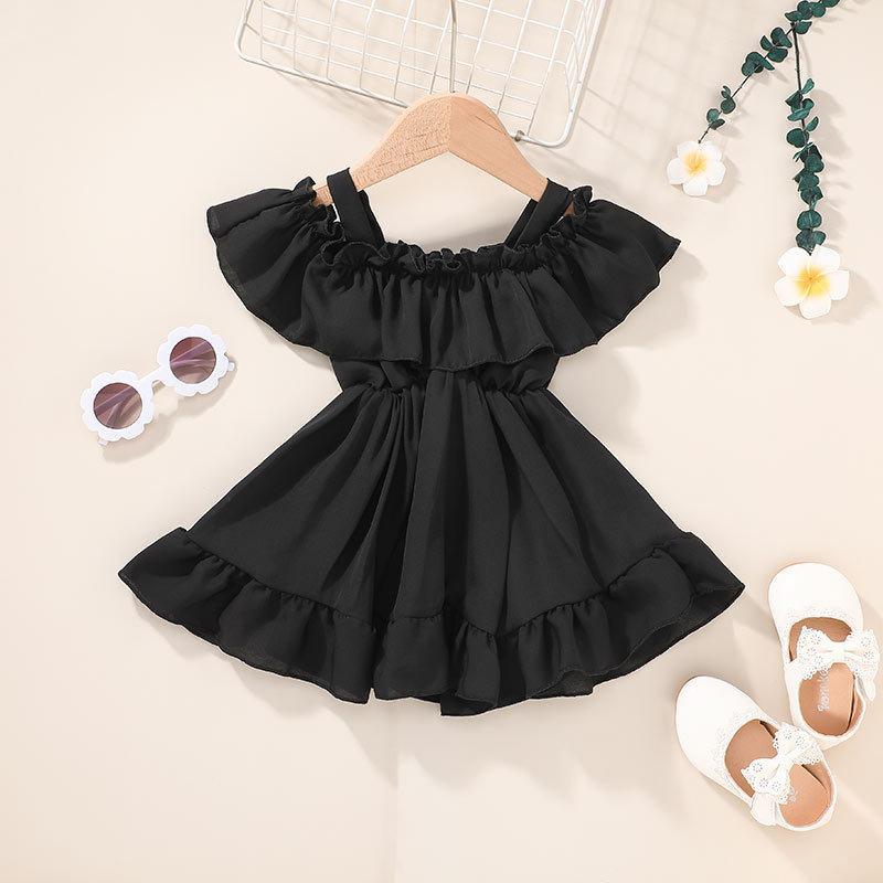 Baby Girl Off Shoulder Dress With Solid Color Ruffle Trim Wholesale Children's Clothing