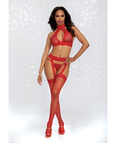 3PC HOSIERY BODYSTOCKING SET ROUGE O/S