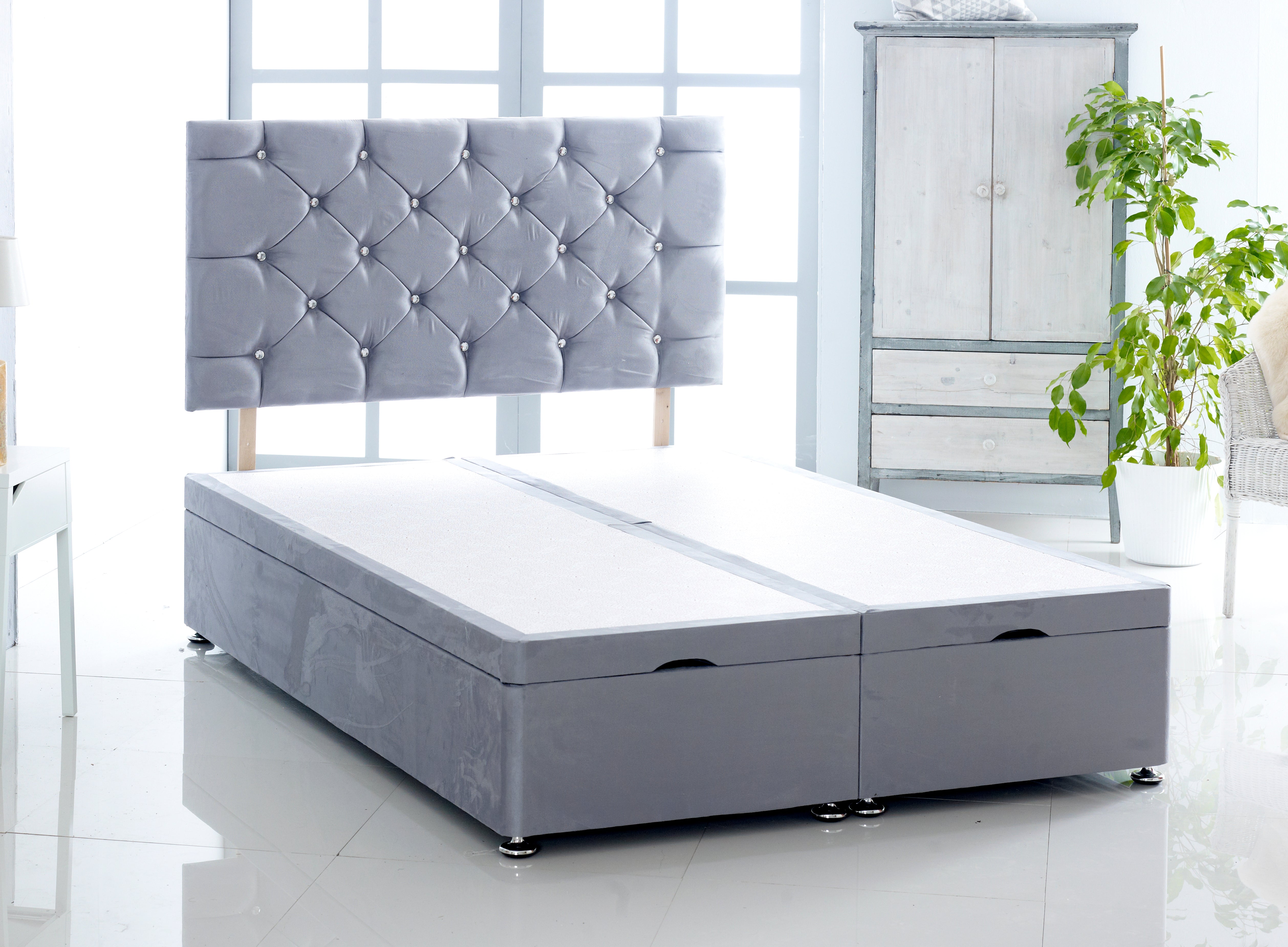 Suede Ottoman Storage Divan Bed With Chesterfield Headboard — Beds