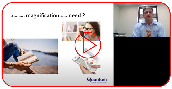 man doing webinar with products on screen and text that reads how much magnification do we need?