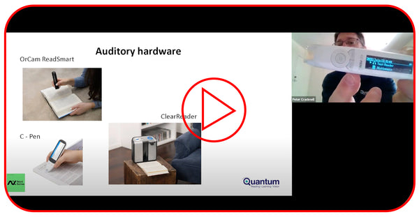man doing webinar holding up low vision product on screen. Images show the product being used.