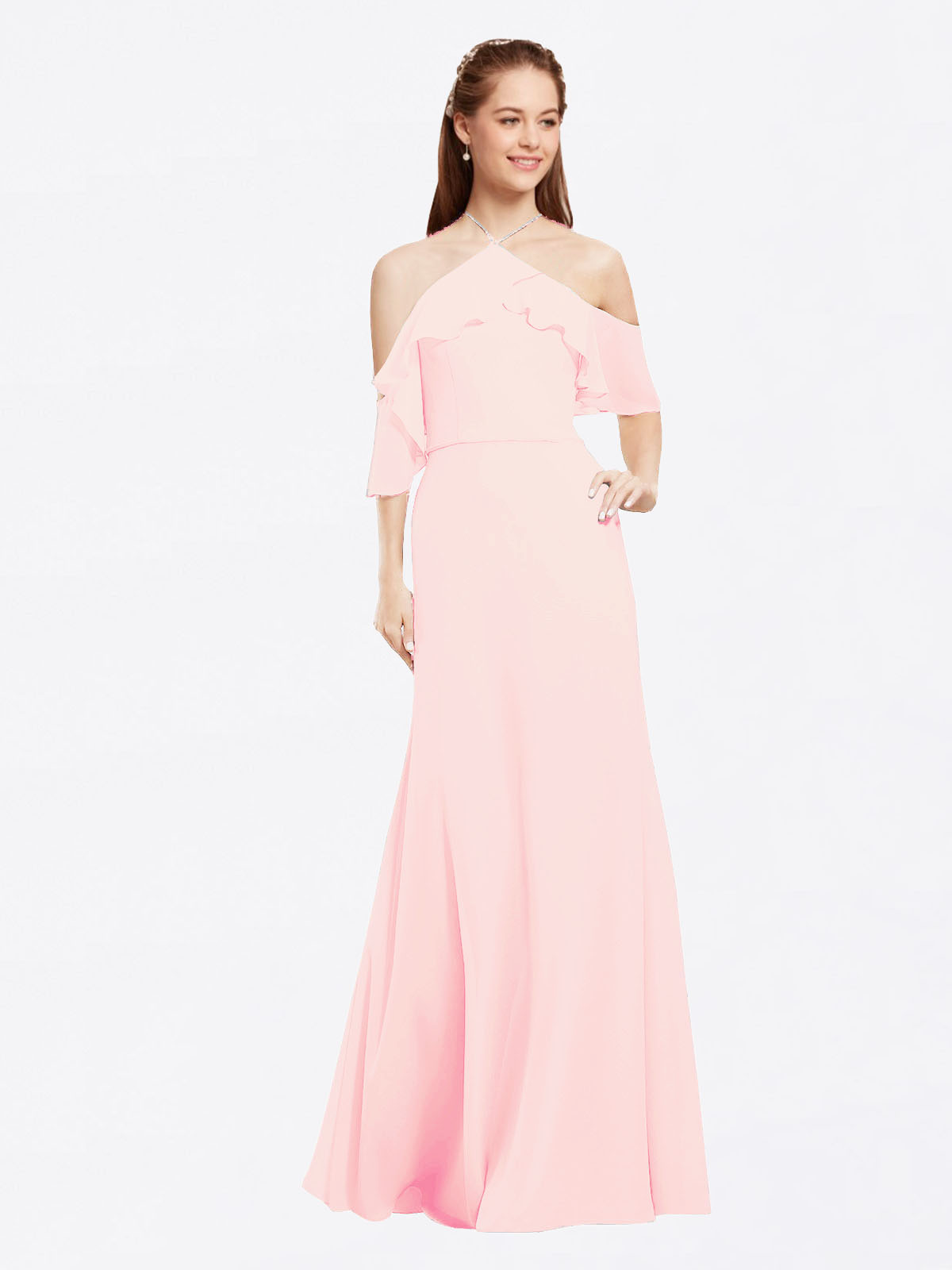 Pink A-Line Halter Cold Shoulder Long Chiffon Bridesmaid Dress Glain